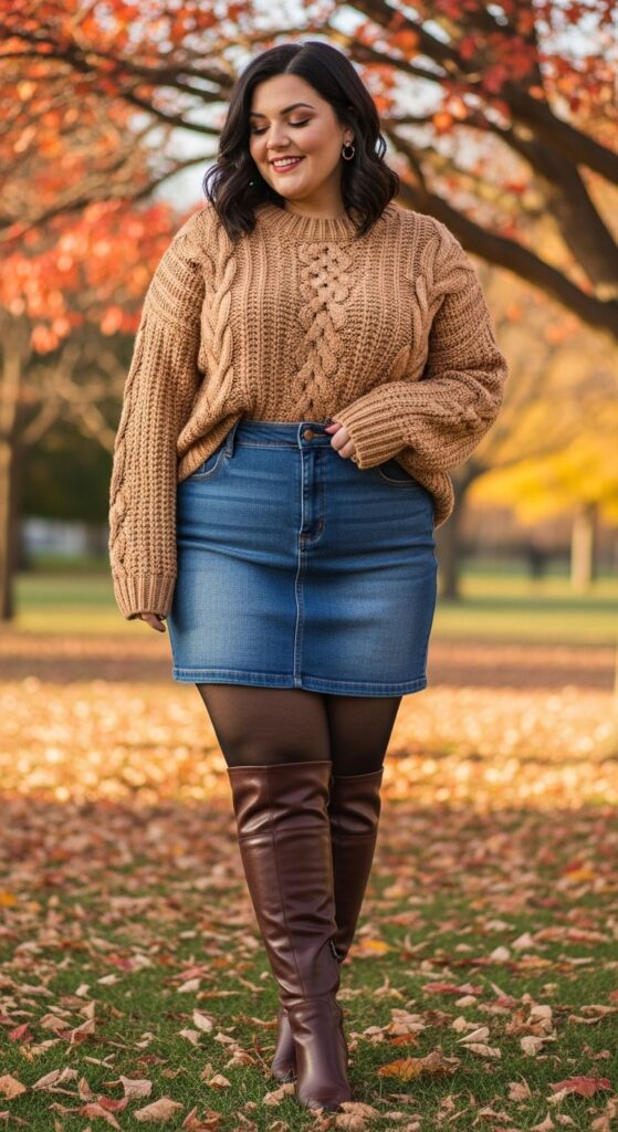 12 Plus Size Autumn Skirt Outfits for Effortless Style and Confidence 5 The Denim Skirt and Boots Combination