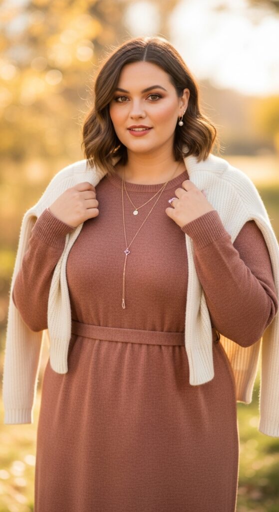 12 Plus Size Soft Autumn Outfits for Subtle, Radiant Style 4 The Dusty Rose Knit Dress