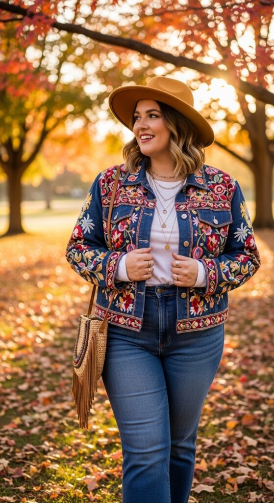15 Plus Size Aesthetic Autumn Outfits for Expressive Style 17 The Embroidered Jacket Statement