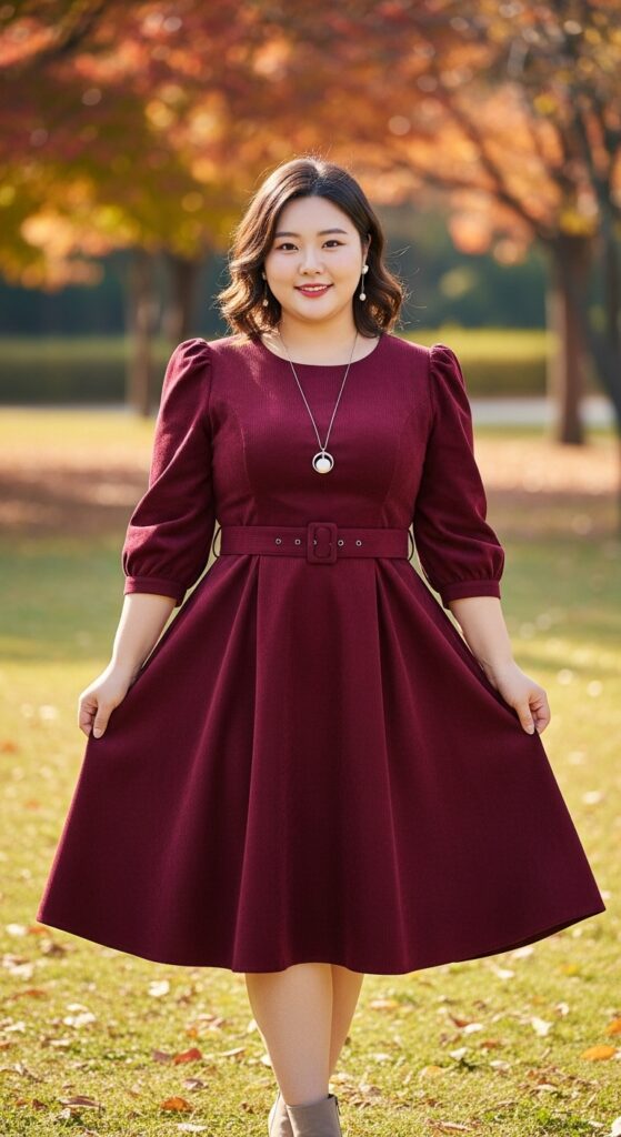 12 Plus Size Korean Autumn Outfits for Modern Curvy Style 7 The Fit-and-Flare Dress with Puffed Sleeves