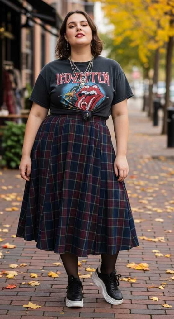 12 Plus Size Fall Alternative Outfits for the Confident, Curvy Woman 5 The Graphic Band Tee and Plaid Skirt