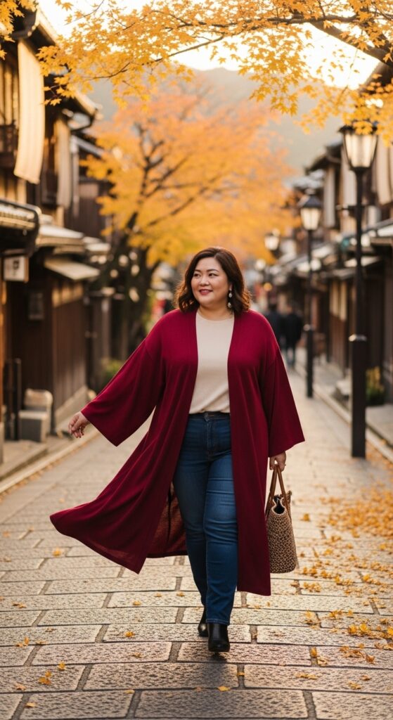 12 Plus Size Japanese Autumn Outfits for Effortless Elegance 8 The Kimono-Style Cardigan