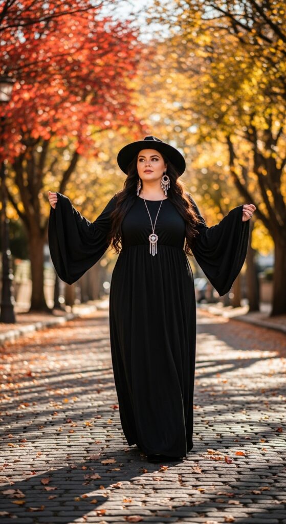 15 Plus Size Aesthetic Autumn Outfits for Expressive Style 14 The Maxi Dress with Dramatic Sleeves