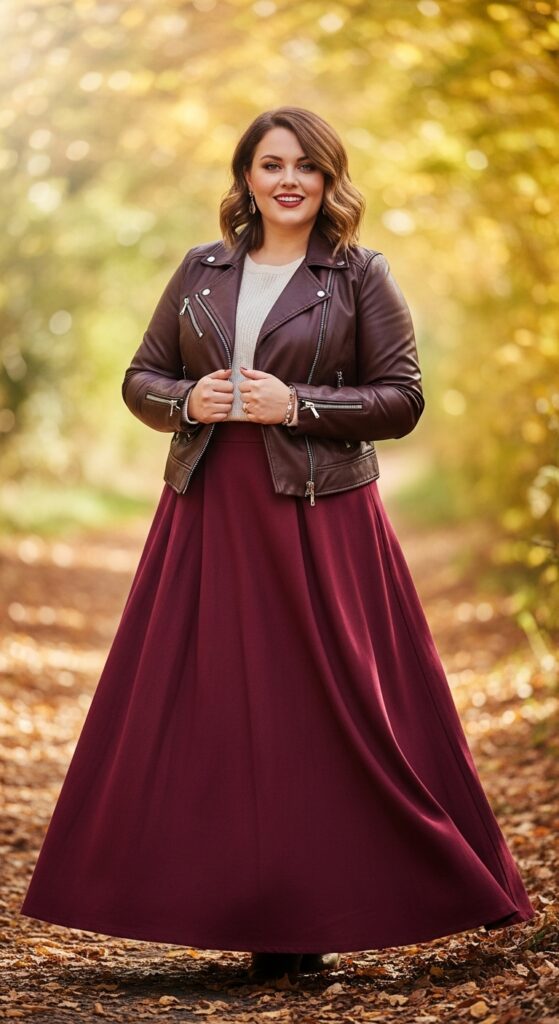 12 Plus Size Autumn Skirt Outfits for Effortless Style and Confidence 14 The Maxi Skirt and Leather Jacket