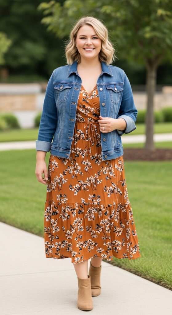 15 Plus Size Fall Mom Outfits Curvy Mothers Will Love 13 The Midi Dress & Denim Jacket