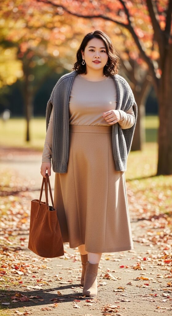 12 Plus Size Japanese Autumn Outfits for Effortless Elegance 5 The Neutral Tone-on-Tone Ensemble
