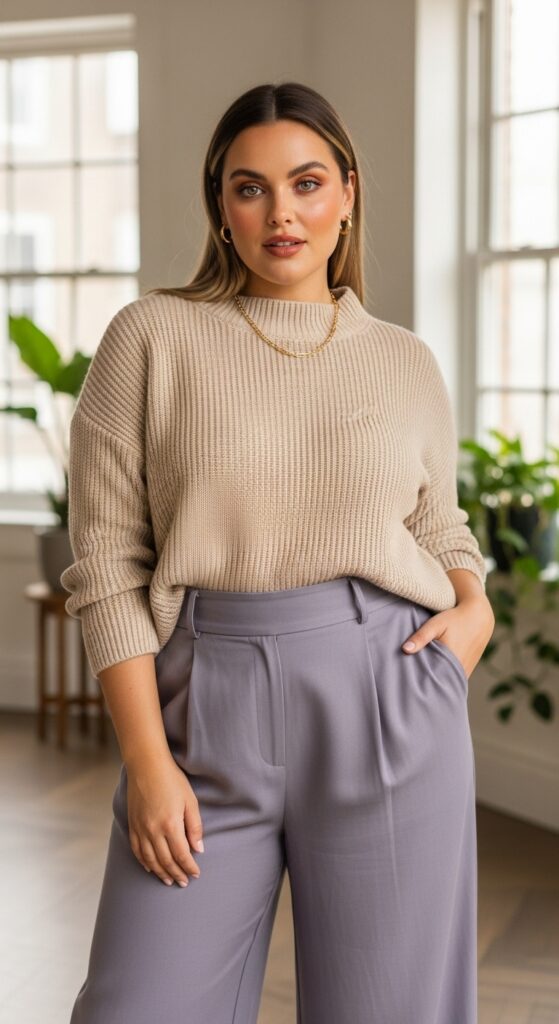 12 Plus Size Soft Autumn Outfits for Subtle, Radiant Style 6 The Oatmeal and Lavender Combination
