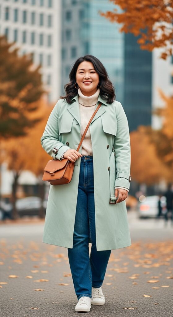 12 Plus Size Korean Autumn Outfits for Modern Curvy Style 13 The Pastel Trench Coat
