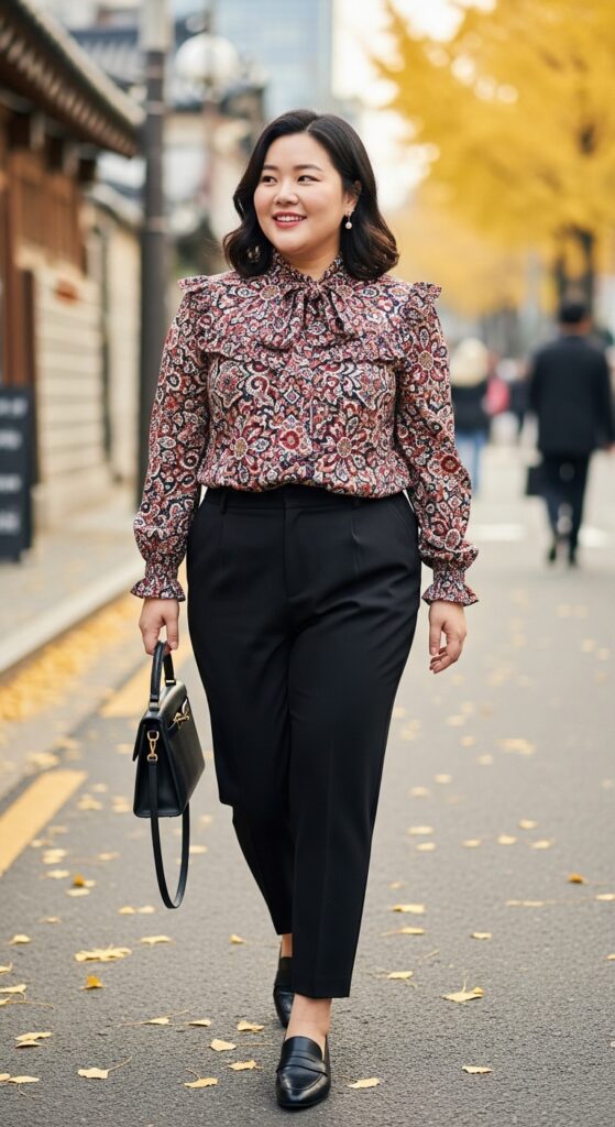 12 Plus Size Korean Autumn Outfits for Modern Curvy Style 12 The Patterned Blouse and Simple Bottom