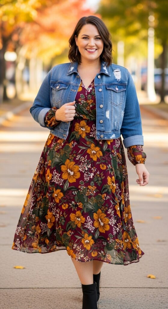 14 Plus Size Fall Transition Outfits to Master Every Temperature Swing 3 The Perfect Midi Dress & Denim Jacket