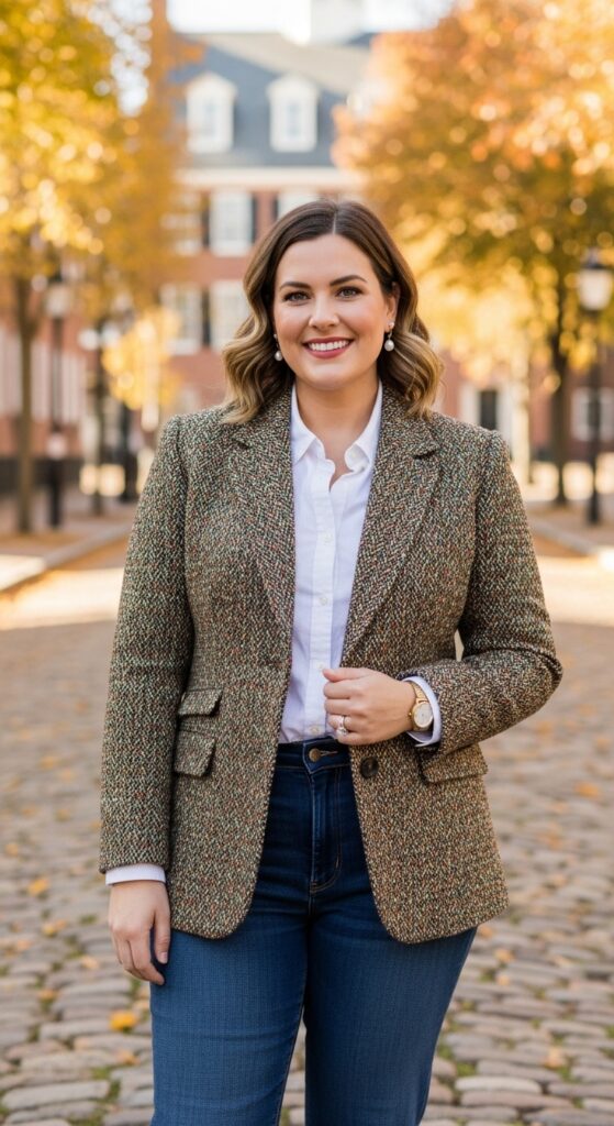 14 Plus Size Preppy Fall Outfits for Effortless, Polished Style 4 The Perfect Tweed Blazer