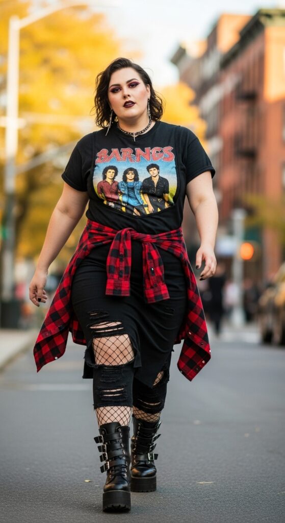 12 Plus Size Fall Alternative Outfits for the Confident, Curvy Woman 11 The Plaid and Fishnet Statement