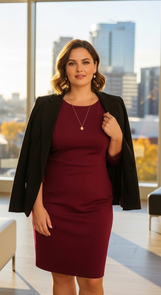 14 Plus Size Autumn Work Outfits for Professional Confidence 3 The Ponte Knit Sheath Dress