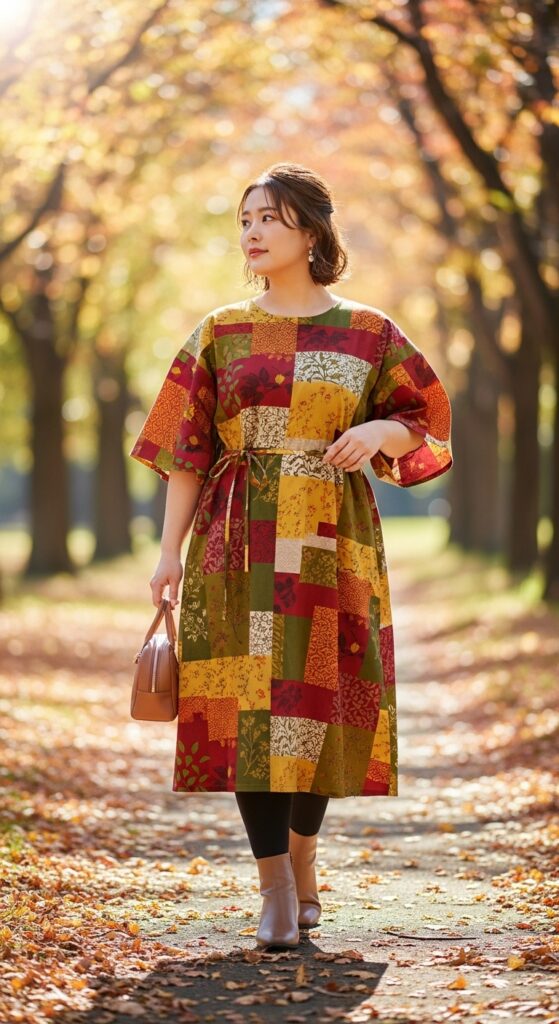 12 Plus Size Japanese Autumn Outfits for Effortless Elegance 14 The Printed Yukata-Inspired Dress