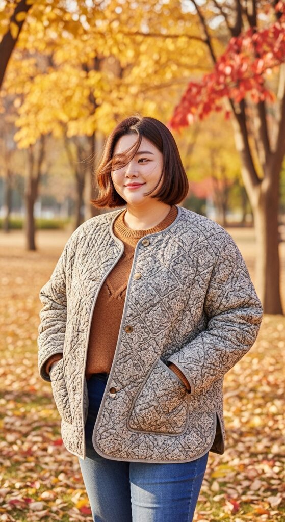 12 Plus Size Korean Autumn Outfits for Modern Curvy Style 14 The Quilted Pattern Jacket