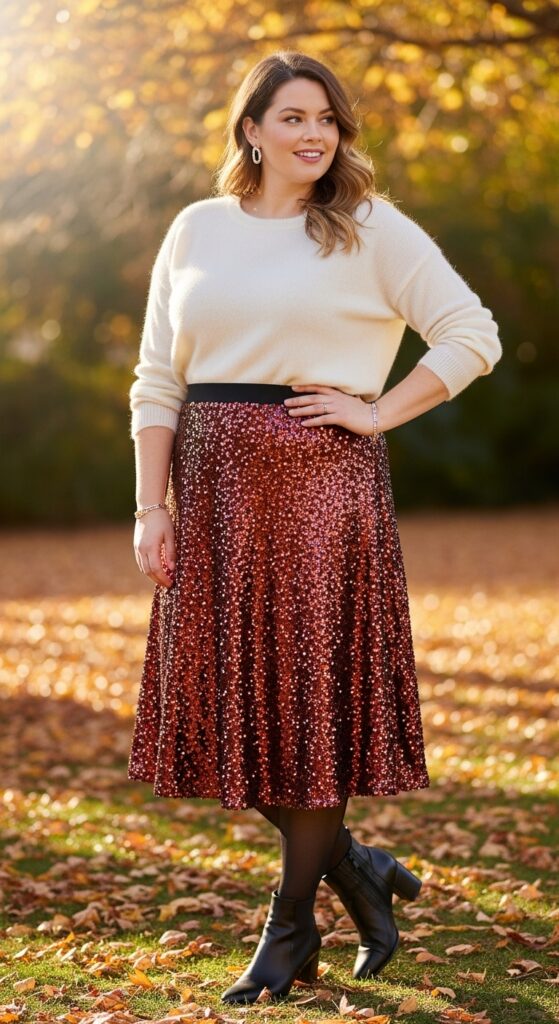 12 Plus Size Autumn Skirt Outfits for Effortless Style and Confidence 12 The Sequined Midi Skirt