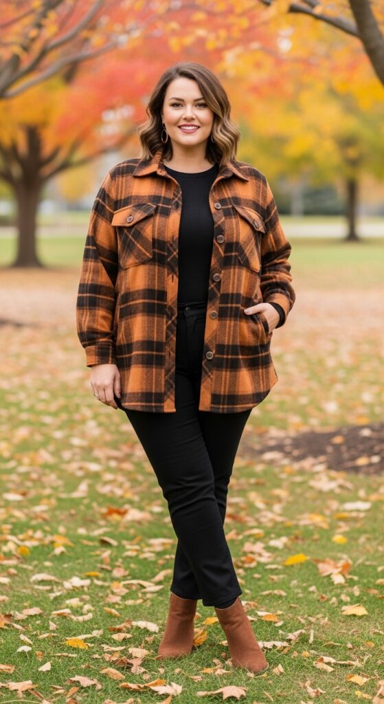 12 Plus Size Autumn Outfits for Effortless Style and Confidence 12 The Shacket and Slim Pants