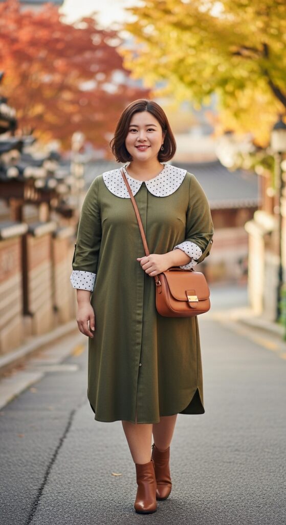 12 Plus Size Korean Autumn Outfits for Modern Curvy Style 9 The Shirt Dress with Layered Collar