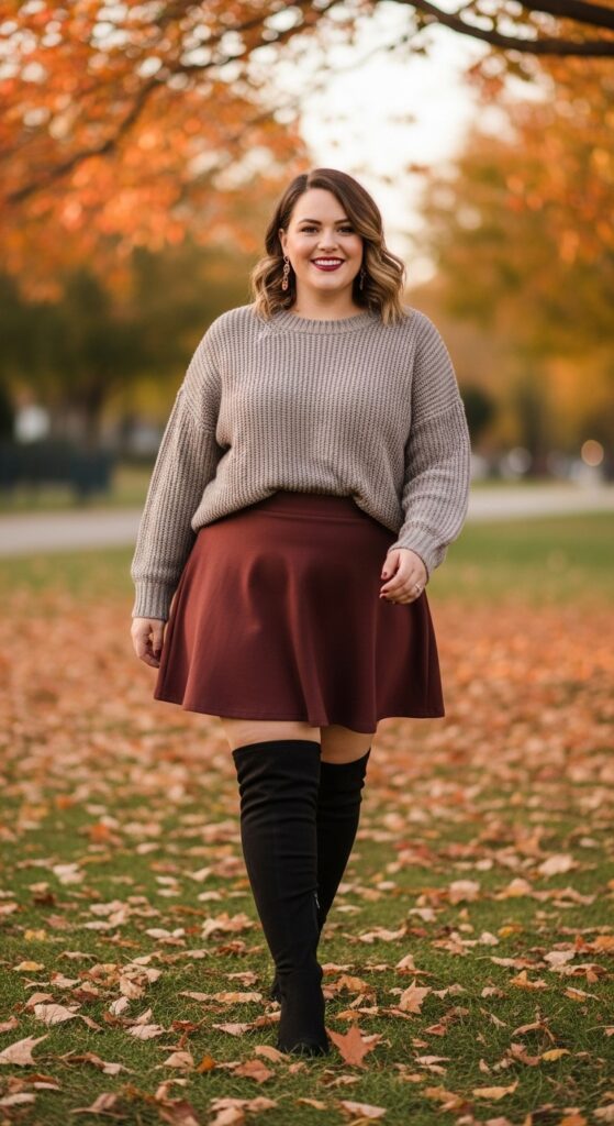 12 Plus Size Autumn Skirt Outfits for Effortless Style and Confidence 13 The Skirt and Over-the-Knee Boots