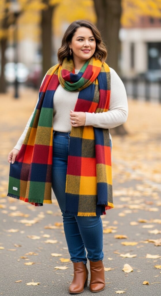 14 Plus Size Casual Autumn Outfits for Everyday Confidence 16 The Statement Scarf Upgrade