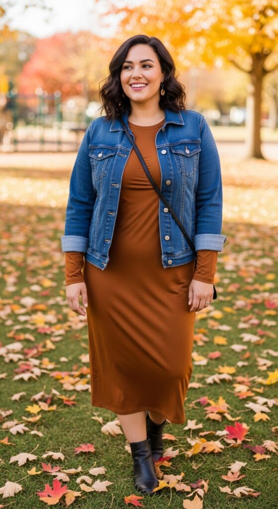 14 Plus Size Casual Autumn Outfits for Everyday Confidence 6 The Stretchy Midi Dress and Denim Jacket