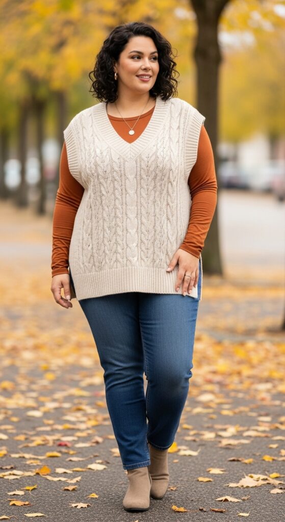 14 Plus Size Casual Autumn Outfits for Everyday Confidence 8 The Sweater Vest and Tee