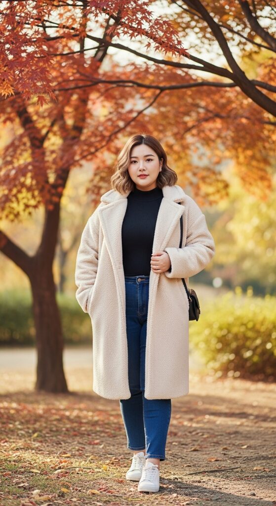 12 Plus Size Korean Autumn Outfits for Modern Curvy Style 5 The Teddy Coat Ensemble