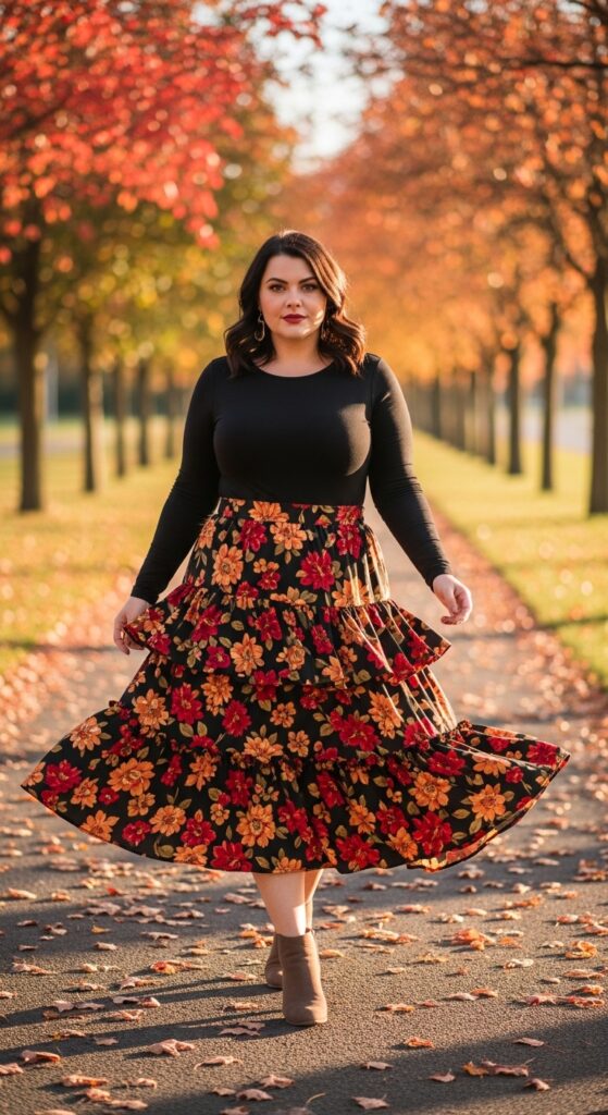 12 Plus Size Autumn Skirt Outfits for Effortless Style and Confidence 11 The Tiered Ruffle Skirt