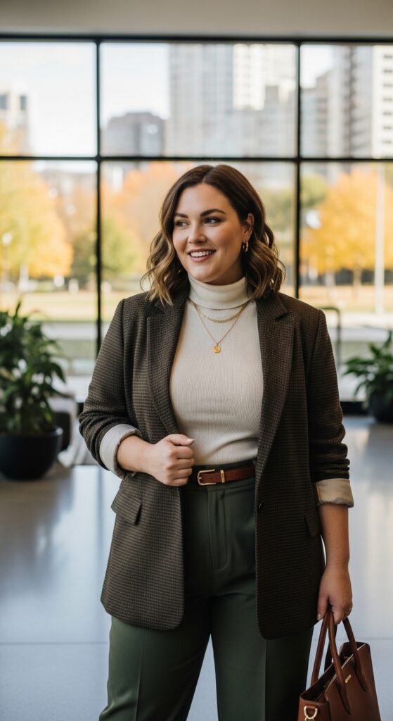 14 Plus Size Autumn Work Outfits for Professional Confidence 10 The Turtleneck and Blazer Duo