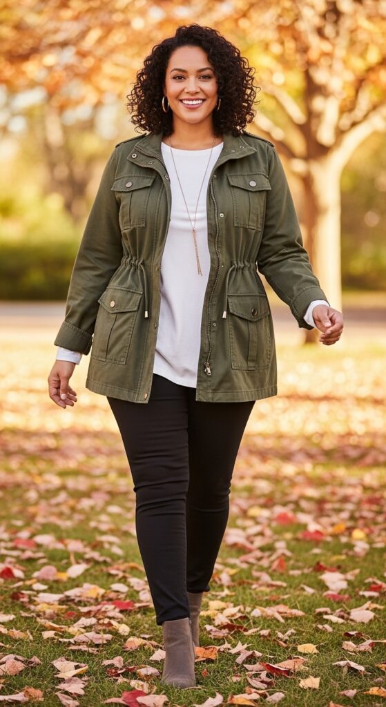 14 Plus Size Casual Autumn Outfits for Everyday Confidence 11 The Utility Jacket and Leggings