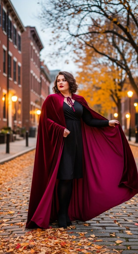 15 Plus Size Aesthetic Autumn Outfits for Expressive Style 13 The Velvet Cape Moment