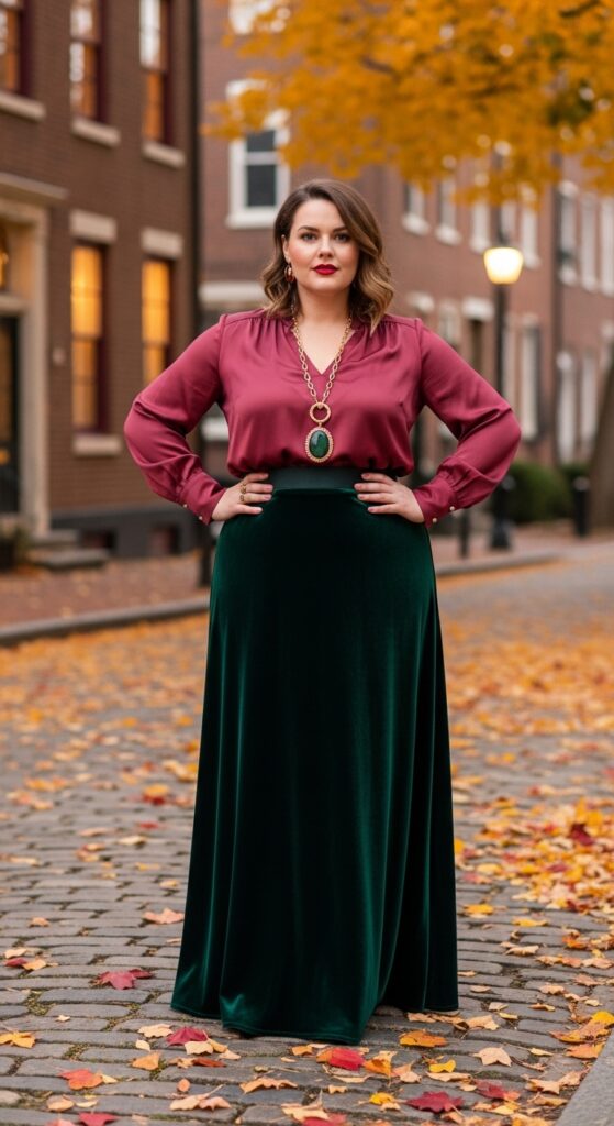 12 Plus Size Autumn Skirt Outfits for Effortless Style and Confidence 10 The Velvet Maxi Skirt