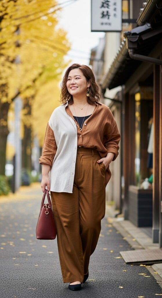 12 Plus Size Japanese Autumn Outfits for Effortless Elegance 4 The Wide-Leg Trousers and Oversized Top