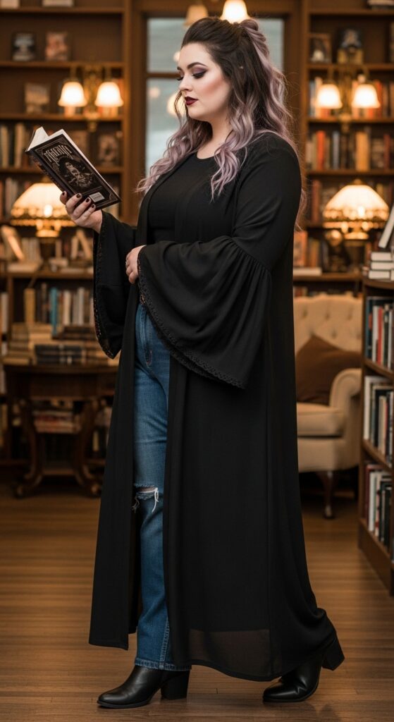 13 Plus Size Goth Fall Outfits for the Confident, Curvy Woman 12 The Witchy Cardigan and Jeans