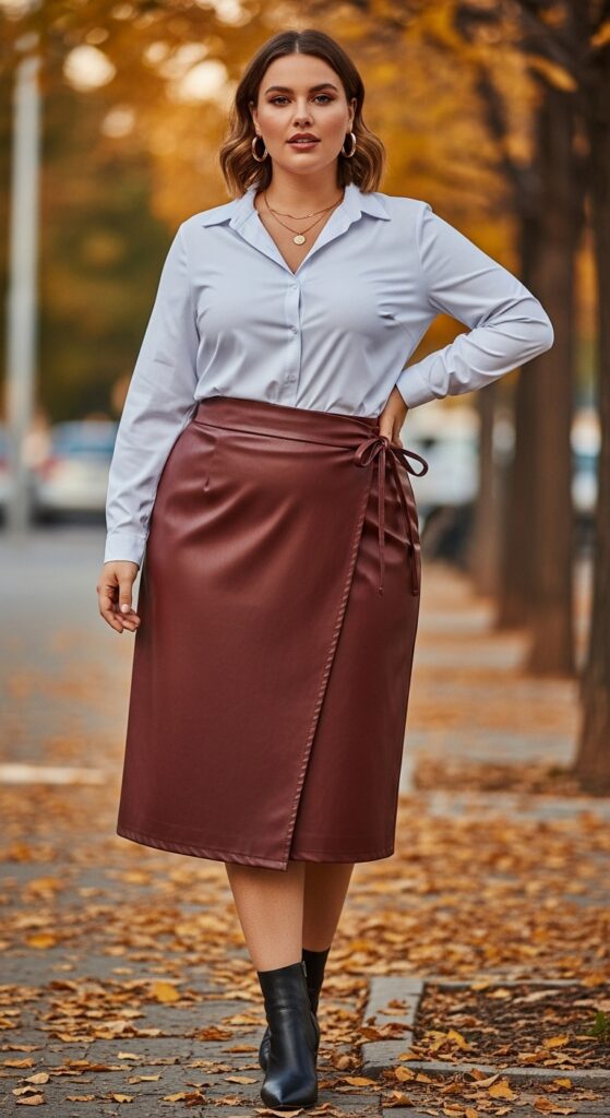 12 Plus Size Autumn Skirt Outfits for Effortless Style and Confidence 9 The Wrap Skirt and Button-Down