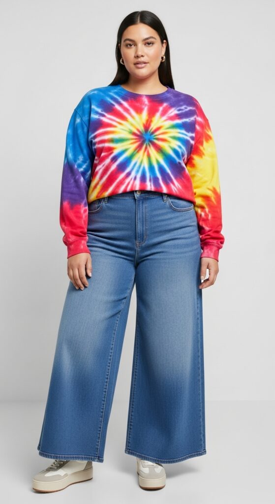 Tie-Dye Sweatshirt & Wide-Legged Jeans Bold and Comfortable