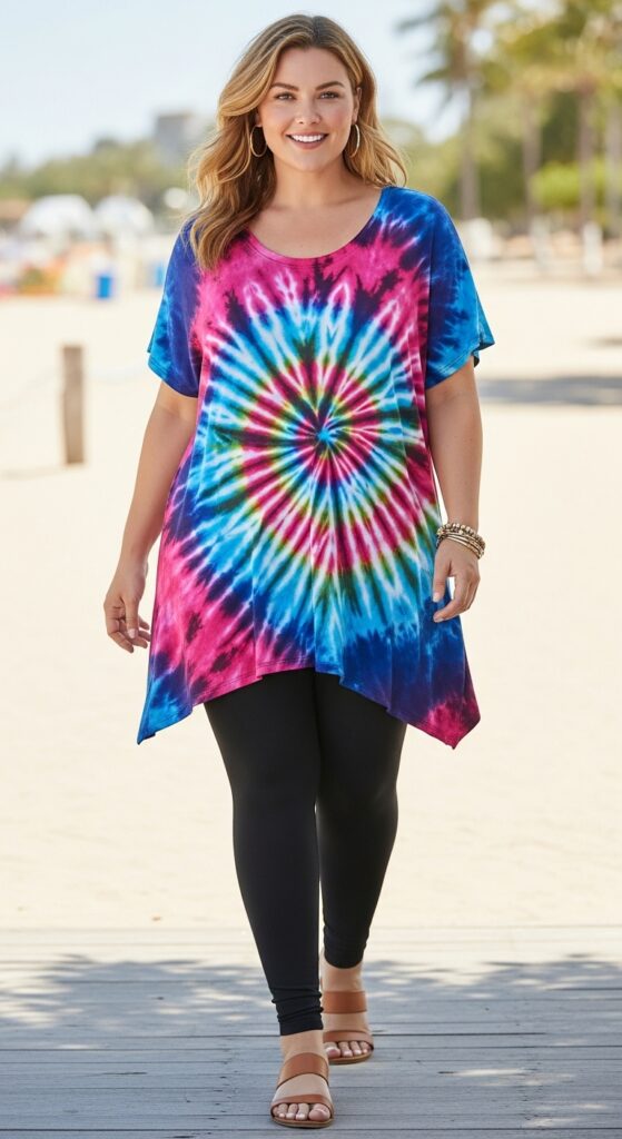 12 Plus Size Hot Summer Outfits Curvy Women Will Love 10 Tie-Dye Tunic & Leggings Relaxed and Trendy