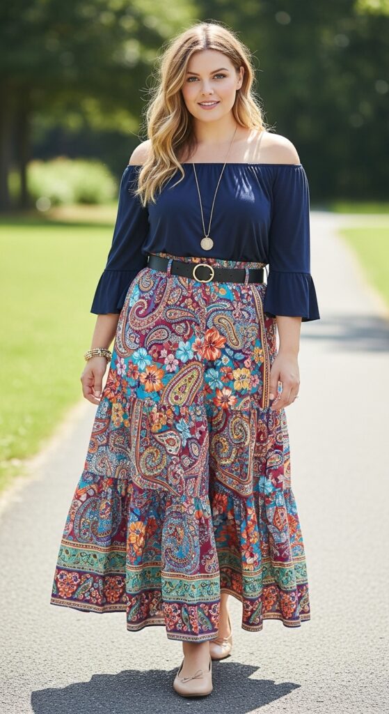 10 Stunning Plus Size Summer Long Skirt Outfits for Curvy Women 9 Tiered Maxi Skirt with Off-Shoulder Top