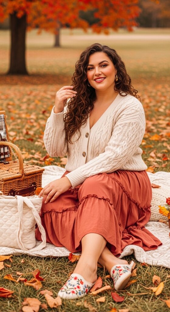 15 Plus Size Fall Aesthetic Outfits That Celebrate Your Curves & Creativity 8 Tiered Ruffle Skirt & Cozy Cardigan