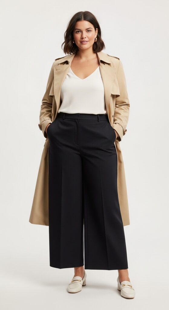 15 Plus Size New York Fall Outfits Curvy Women Will Love 8 Trench Coat & Wide-Leg Trousers