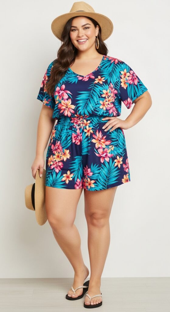10 Fabulous Plus Size Summer Vacation Outfits for Curvy Women 8 Tropical Print Romper