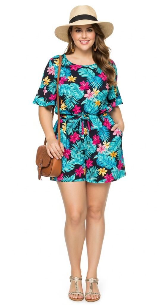 10 Cute Plus-Size Summer Outfits Curvy Women Will Love 8 Tropical Print Romper