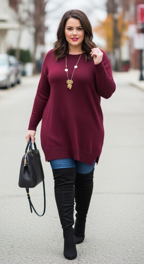 15 Chic and Casual Plus Size Fall Outfits Every Curvy Woman Will Love 15 Tunic Sweater and Over-the-Knee Boots