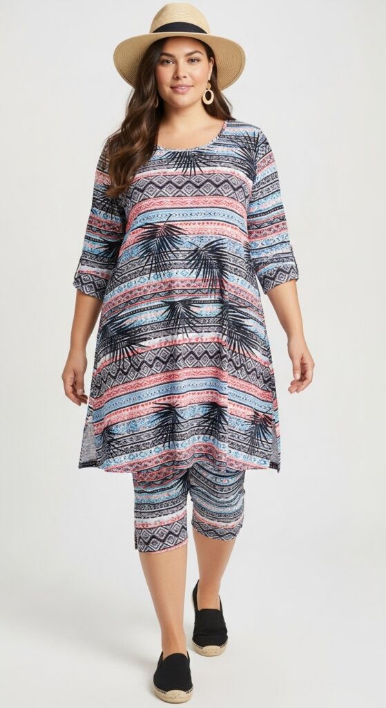 12 Stunning Plus-Size Summer Beach Outfits for a Chic Vacation Vibe 9 Tunic Top and Leggings