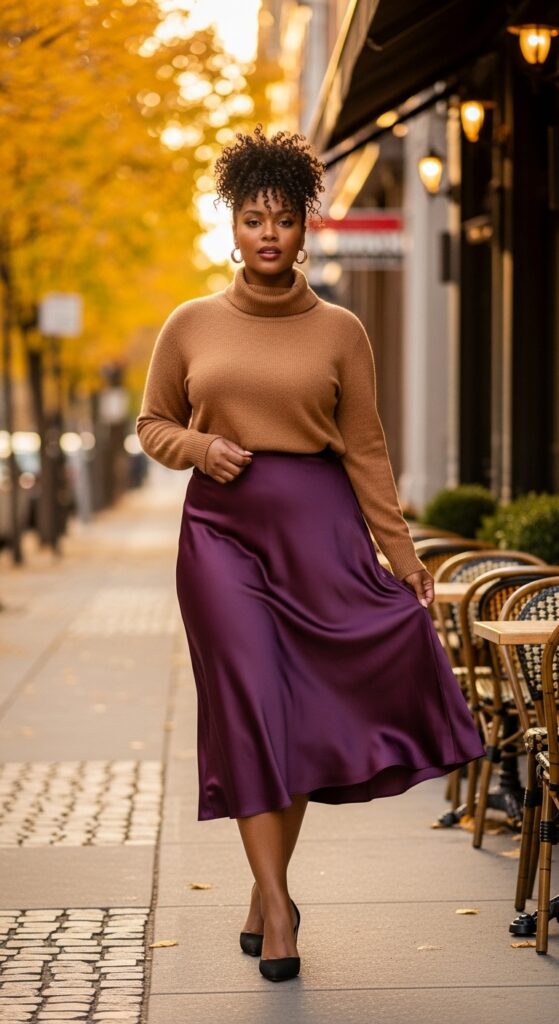 14 Plus Size Fall Outfits Celebrating Black Women’s Style Magic 11 Turtleneck + Slip Skirt Duo
