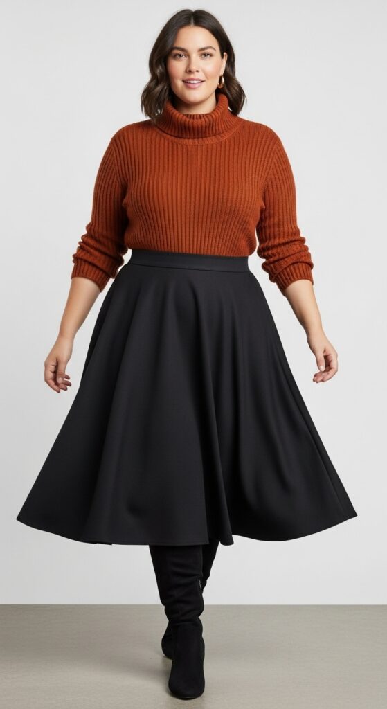 15 Chic Plus Size Fall Fashion Outfits Every Curvy Woman Will Love 6 Turtleneck Sweater and A-Line Skirt