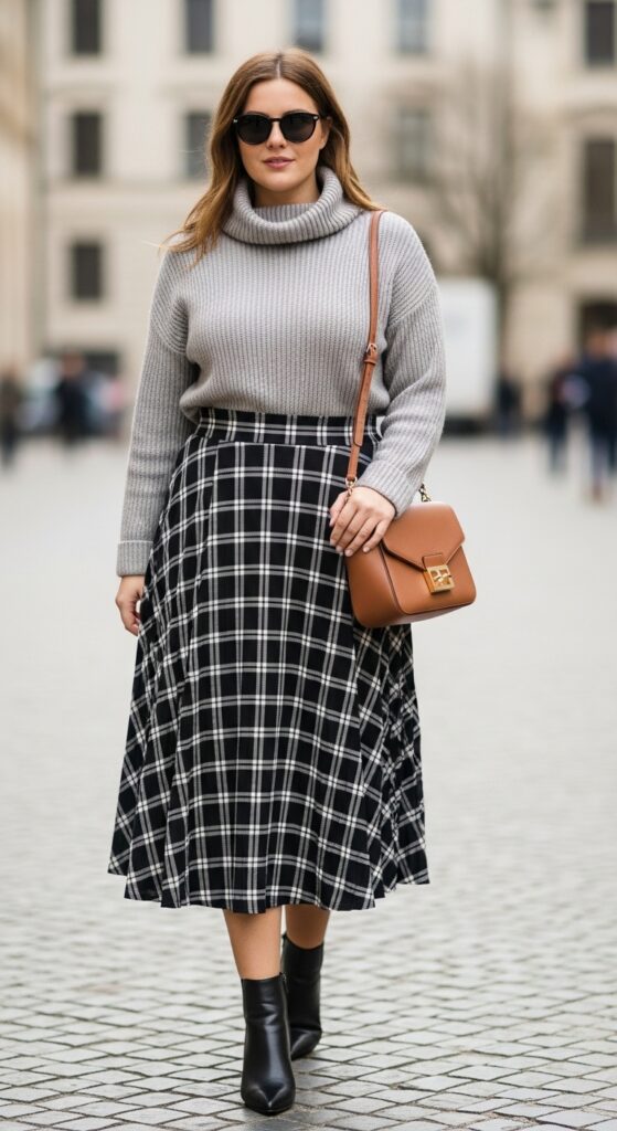 12 Plus Size Italian Fall Outfits That Curvy Women Love 21 Turtleneck Sweater and Plaid Midi Skirt