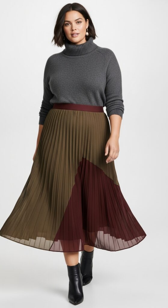 14 Chic and Cozy Plus Size Date Night Fall Outfits Every Curvy Woman Will Love 14 Turtleneck Sweater and Pleated Skirt