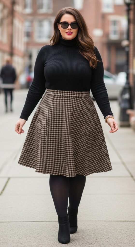 14 Chic and Cozy Plus Size Fall and Winter Outfits Every Curvy Woman Will Love 11 Turtleneck and A-Line Skirt