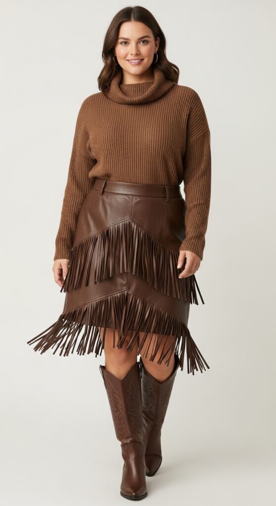 14 Plus Size Fall Western Outfits That Curvy Women Love 24 Turtleneck and Fringe-Trimmed Skirt